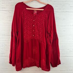 Johnny Was Red Embroidered Long Sleeve Blouse Size L